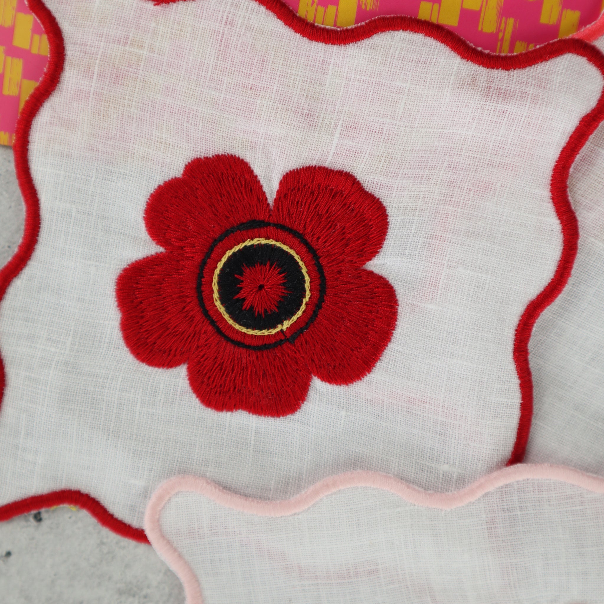 FILIPINO EMBROIDERED LINEN COASTER COCKTAIL NAPKIN RED AND PINK TROPICAL FLORAL MOTIF (SET OF 4)