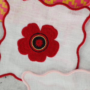 FILIPINO EMBROIDERED LINEN COASTER COCKTAIL NAPKIN RED AND PINK TROPICAL FLORAL MOTIF (SET OF 4)