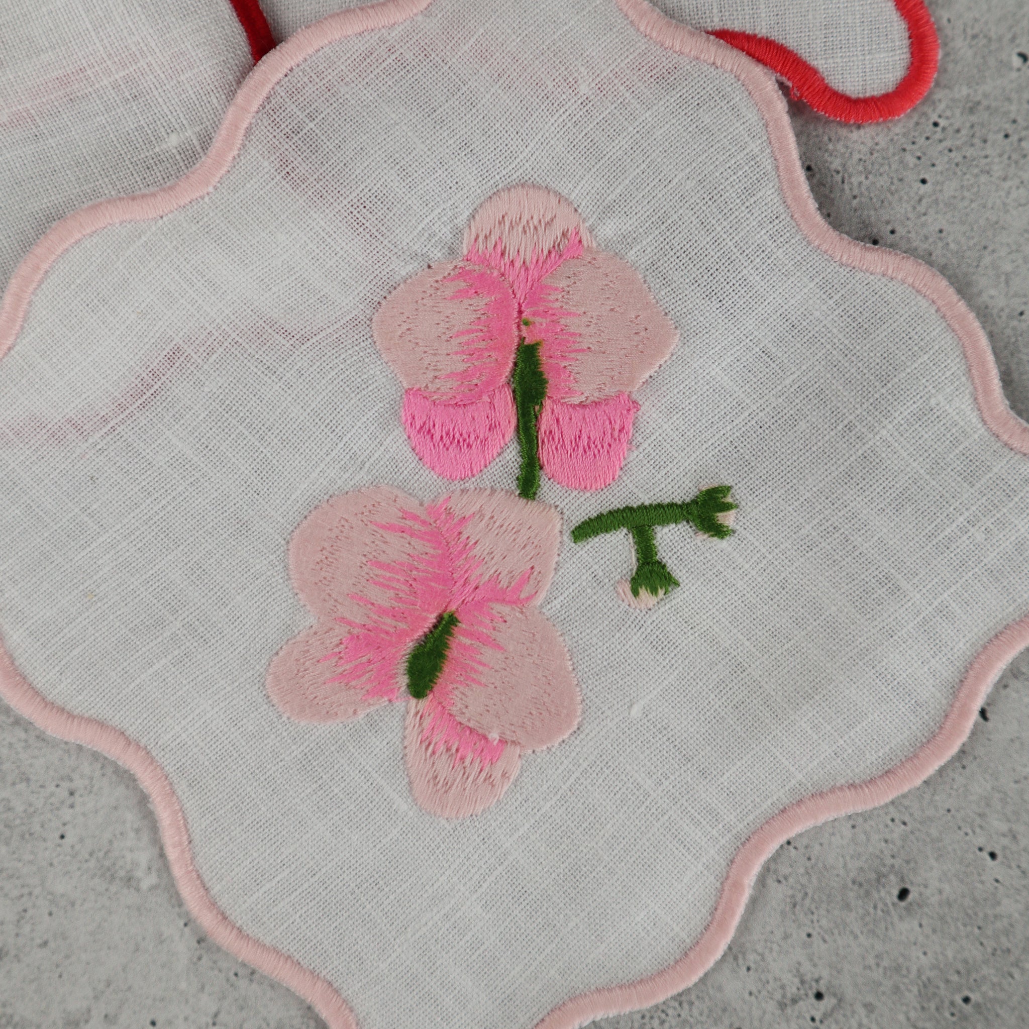FILIPINO EMBROIDERED LINEN COASTER COCKTAIL NAPKIN RED AND PINK TROPICAL FLORAL MOTIF (SET OF 4)