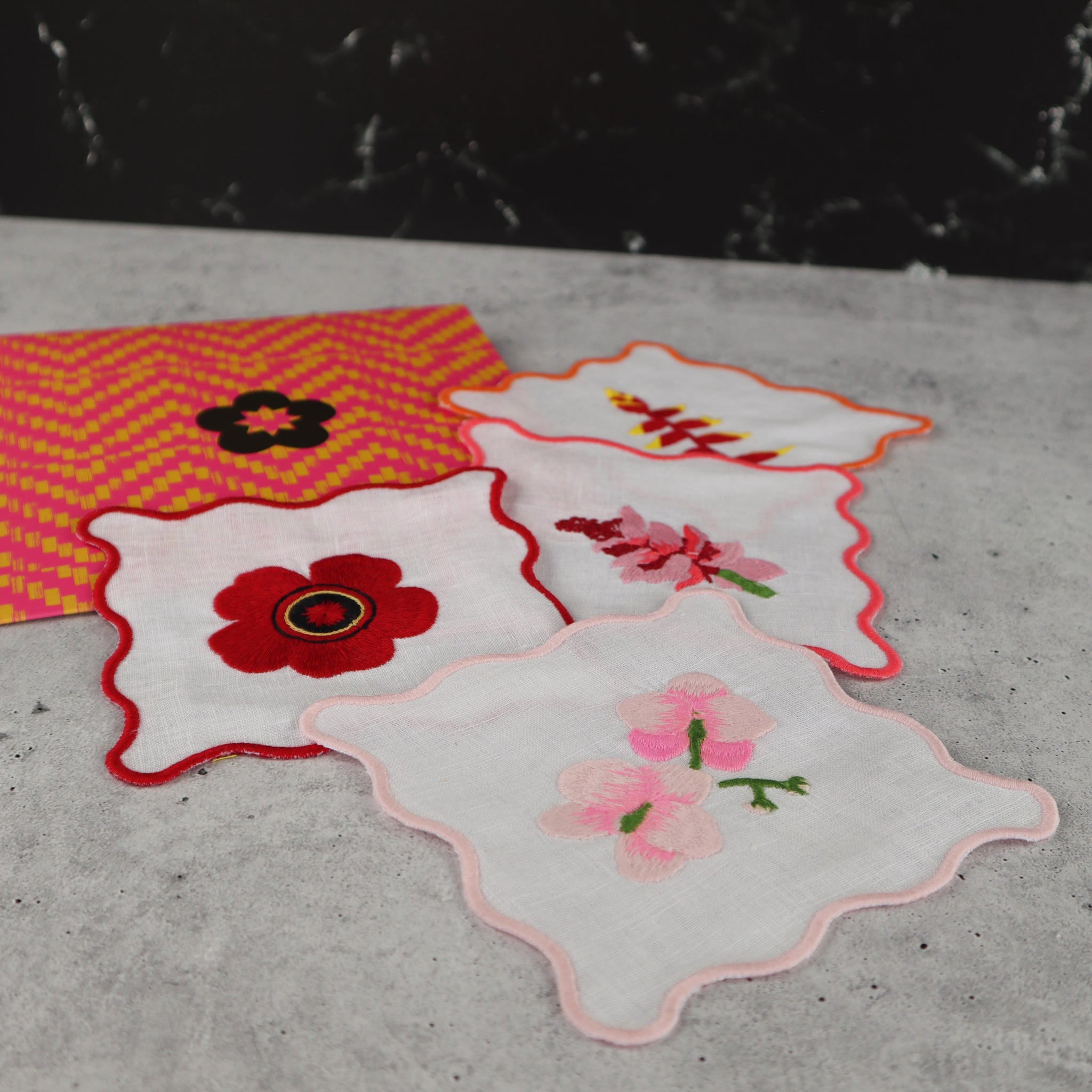 FILIPINO EMBROIDERED LINEN COASTER COCKTAIL NAPKIN RED AND PINK TROPICAL FLORAL MOTIF (SET OF 4)