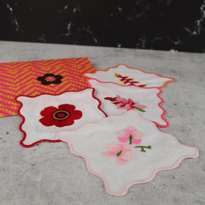 FILIPINO EMBROIDERED LINEN COASTER COCKTAIL NAPKIN RED AND PINK TROPICAL FLORAL MOTIF (SET OF 4)
