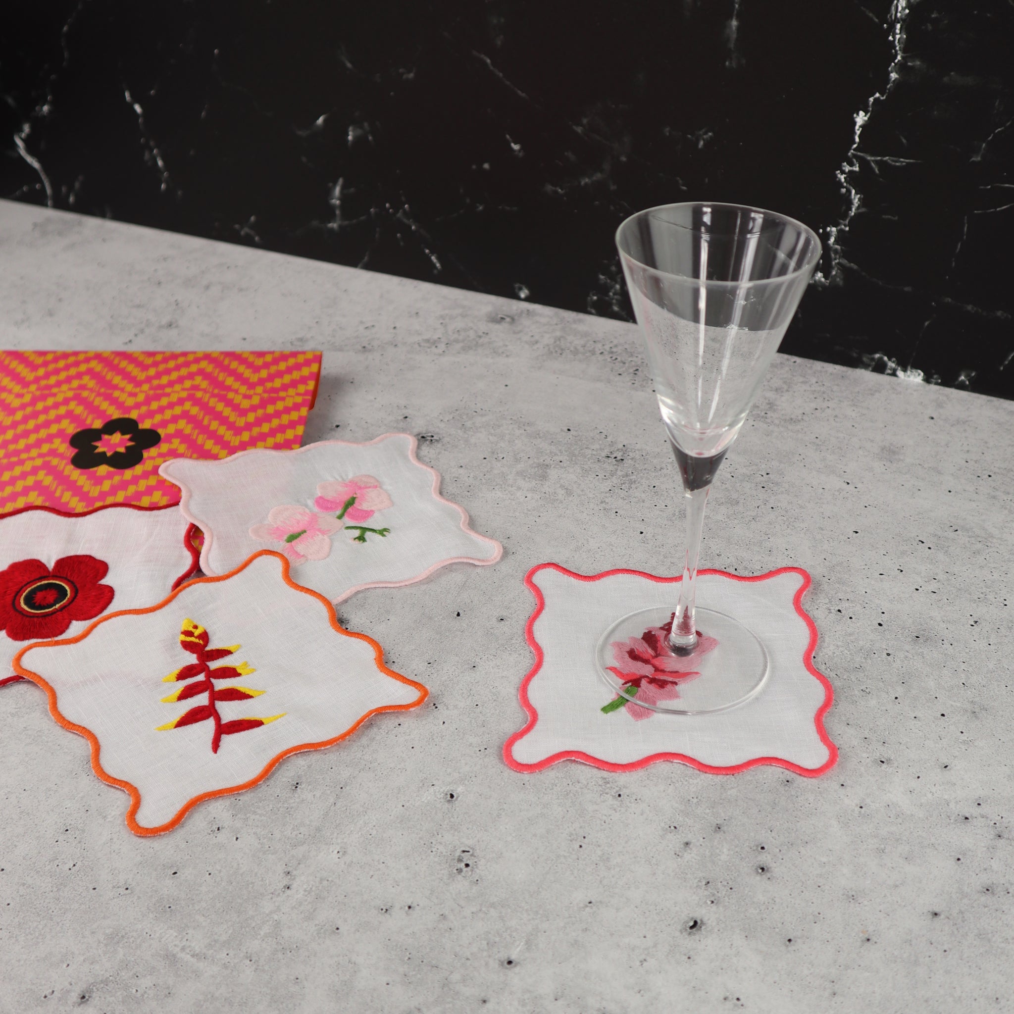 FILIPINO EMBROIDERED LINEN COASTER COCKTAIL NAPKIN RED AND PINK TROPICAL FLORAL MOTIF (SET OF 4)