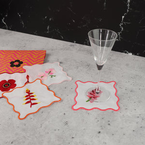 FILIPINO EMBROIDERED LINEN COASTER COCKTAIL NAPKIN RED AND PINK TROPICAL FLORAL MOTIF (SET OF 4)