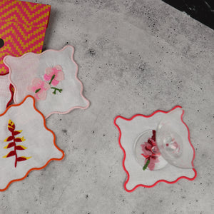 FILIPINO EMBROIDERED LINEN COASTER COCKTAIL NAPKIN RED AND PINK TROPICAL FLORAL MOTIF (SET OF 4)