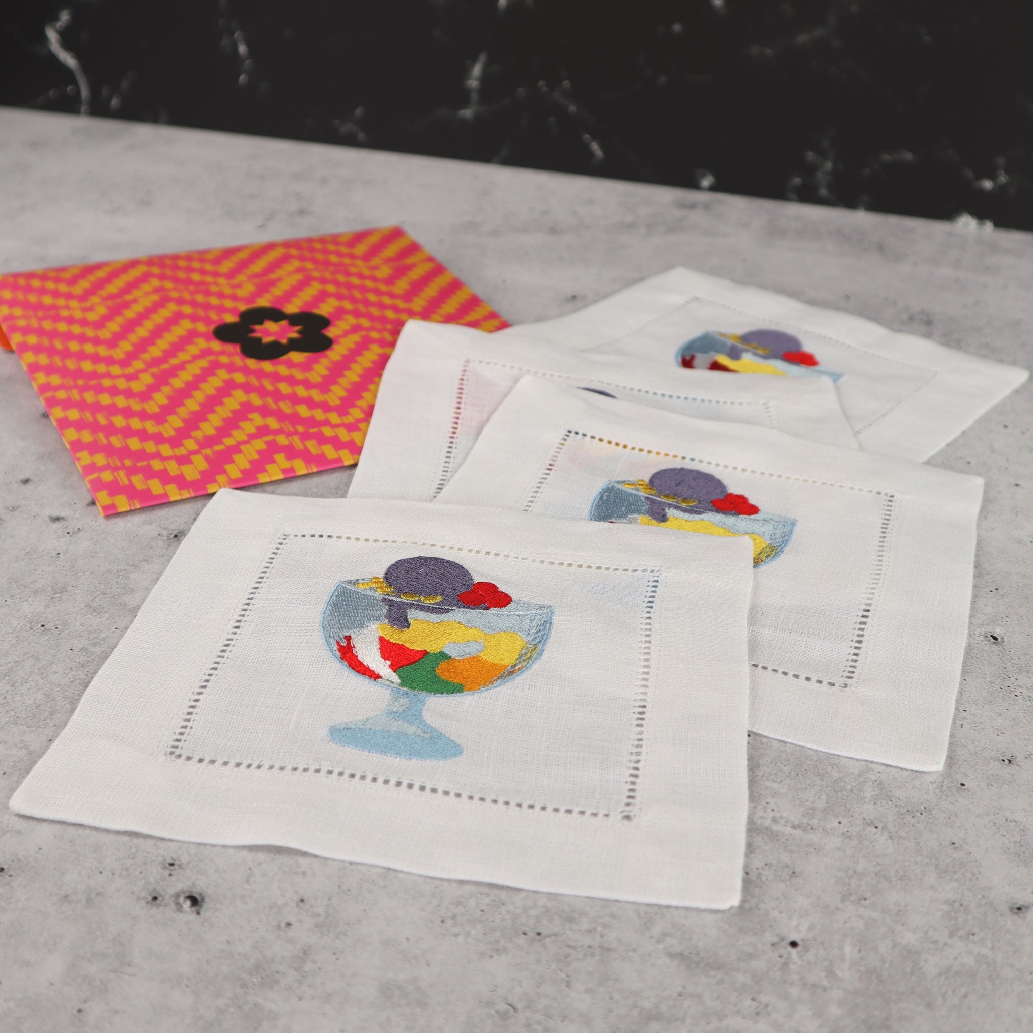 VIETNAMESE EMBROIDERED LINEN COASTER COCKTAIL NAPKIN HALO HALO DESSERT MOTIF (SET OF 4)