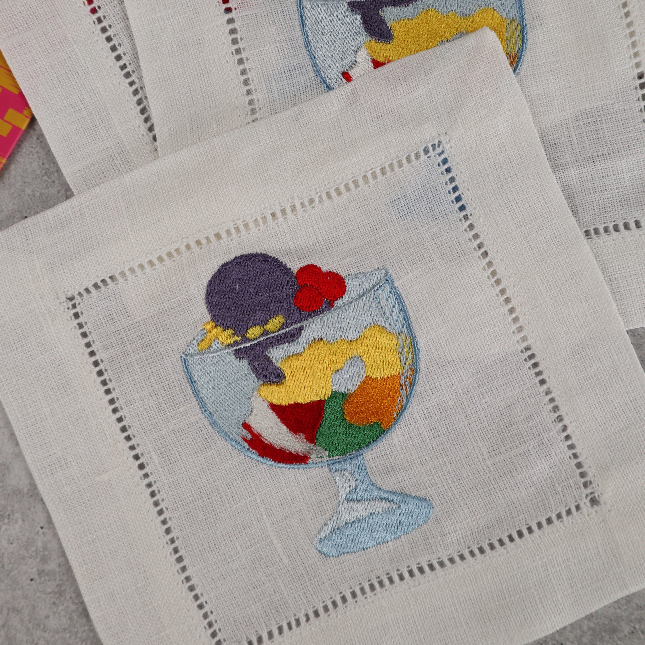 VIETNAMESE EMBROIDERED LINEN COASTER COCKTAIL NAPKIN HALO HALO DESSERT MOTIF (SET OF 4)