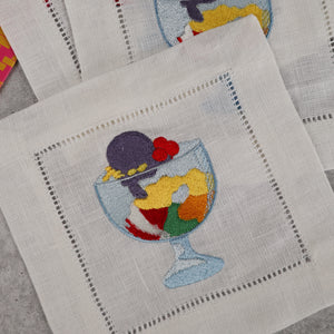 VIETNAMESE EMBROIDERED LINEN COASTER COCKTAIL NAPKIN HALO HALO DESSERT MOTIF (SET OF 4)
