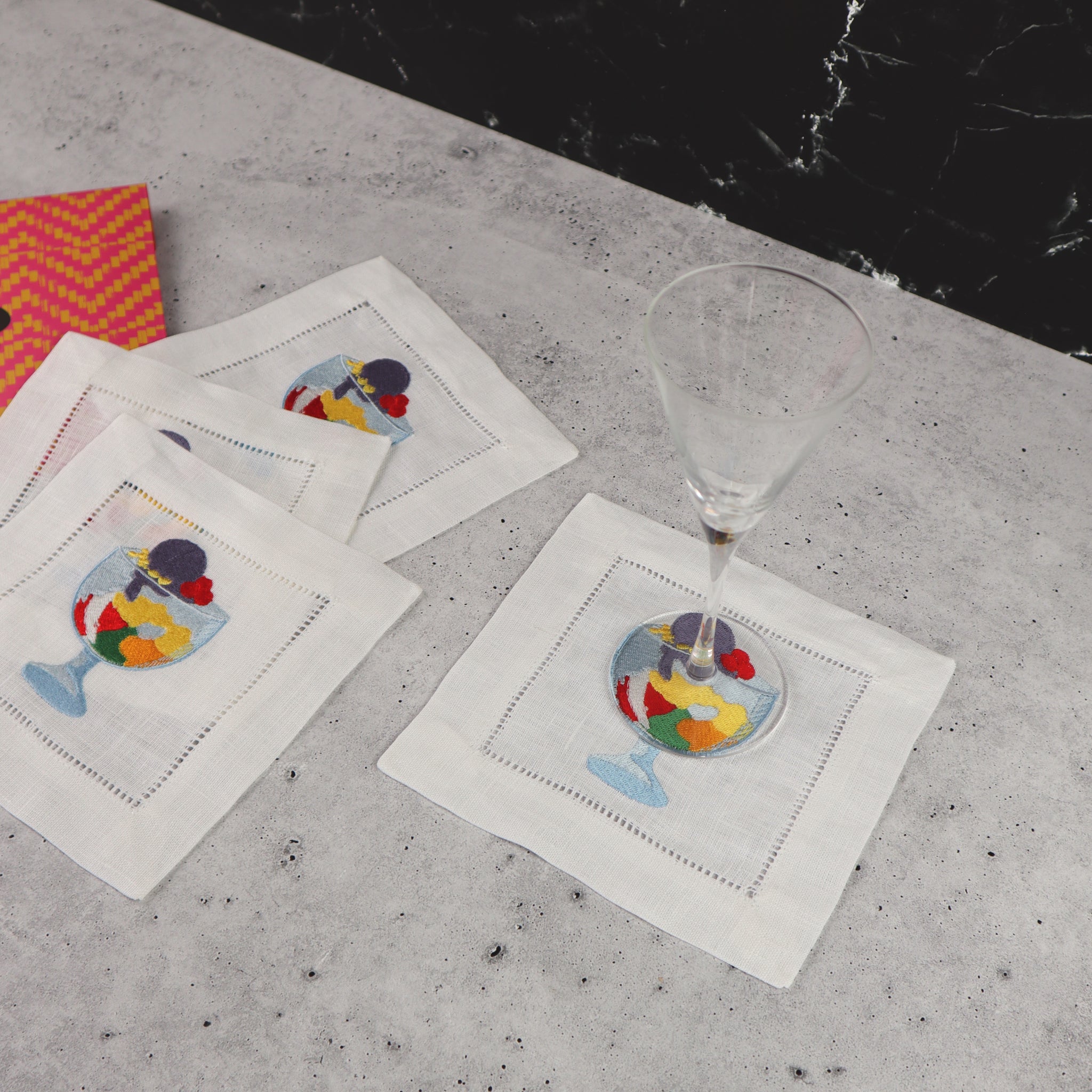 VIETNAMESE EMBROIDERED LINEN COASTER COCKTAIL NAPKIN HALO HALO DESSERT MOTIF (SET OF 4)