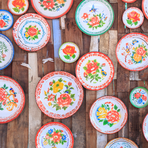 THAI FLOWER ENAMEL ZINC TRAY VINTAGE DESIGN 5 PIECES SET