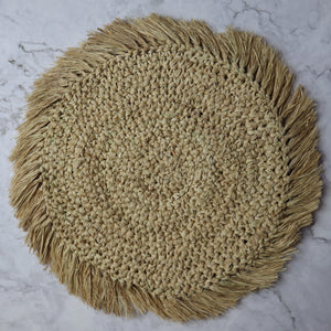 INDONESIAN NATURAL BOHO RAFFIA STRAW PLACEMAT WITH FRINGE