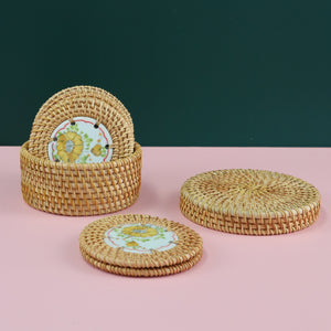 VIETNAMESE RATTAN CERAMIC YELLOW FLOWER COASTER SET (6 COASTERS WITH STORAGE CONTAINER)