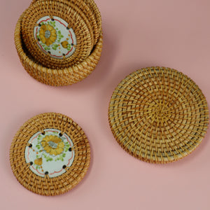 VIETNAMESE RATTAN CERAMIC YELLOW FLOWER COASTER SET (6 COASTERS WITH STORAGE CONTAINER)