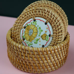 VIETNAMESE RATTAN CERAMIC YELLOW FLOWER COASTER SET (6 COASTERS WITH STORAGE CONTAINER)