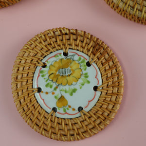 VIETNAMESE RATTAN CERAMIC YELLOW FLOWER COASTER SET (6 COASTERS WITH STORAGE CONTAINER)