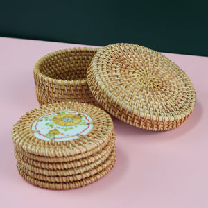 VIETNAMESE RATTAN CERAMIC YELLOW FLOWER COASTER SET (6 COASTERS WITH STORAGE CONTAINER)