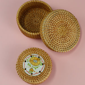 VIETNAMESE RATTAN CERAMIC YELLOW FLOWER COASTER SET (6 COASTERS WITH STORAGE CONTAINER)