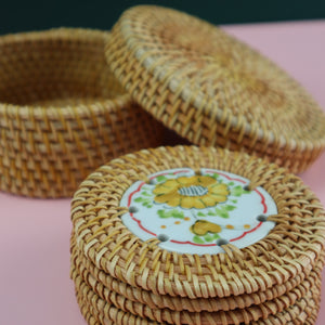 VIETNAMESE RATTAN CERAMIC YELLOW FLOWER COASTER SET (6 COASTERS WITH STORAGE CONTAINER)