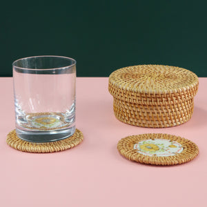 VIETNAMESE RATTAN CERAMIC YELLOW FLOWER COASTER SET (6 COASTERS WITH STORAGE CONTAINER)