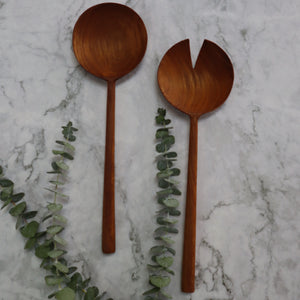 INDONESIAN TEAK WOOD ROUND SHAPED SERVING UTENSIL SET, SALAD SPOON, FORK SPATULA (2 PIECES)