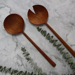 INDONESIAN TEAK WOOD ROUND SHAPED SERVING UTENSIL SET, SALAD SPOON, FORK SPATULA (2 PIECES)