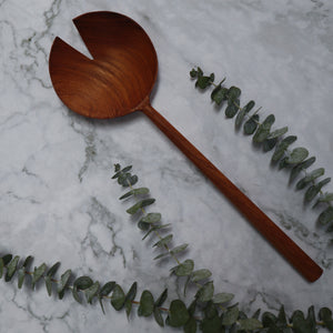 INDONESIAN TEAK WOOD ROUND SHAPED SERVING UTENSIL SET, SALAD SPOON, FORK SPATULA (2 PIECES)