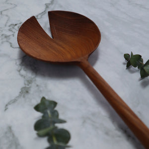 INDONESIAN TEAK WOOD ROUND SHAPED SERVING UTENSIL SET, SALAD SPOON, FORK SPATULA (2 PIECES)