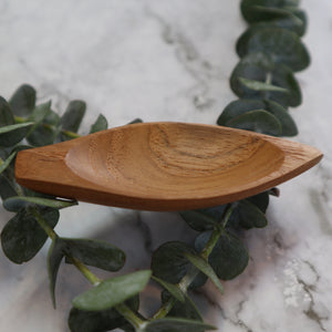 INDONESIAN TEAK WOOD MINI LEAF DISH, SPICE SPOON, SAUCE DISH, HORS D'OEURVE DISH, JEWELRY TRAY (2 PIECES)