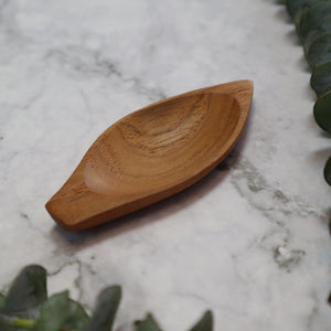 INDONESIAN TEAK WOOD MINI LEAF DISH, SPICE SPOON, SAUCE DISH, HORS D'OEURVE DISH, JEWELRY TRAY (2 PIECES)