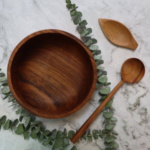 INDONESIAN TEAK WOOD MINI LEAF DISH, SPICE SPOON, SAUCE DISH, HORS D'OEURVE DISH, JEWELRY TRAY (2 PIECES)