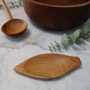 INDONESIAN TEAK WOOD MINI LEAF DISH, SPICE SPOON, SAUCE DISH, HORS D'OEURVE DISH, JEWELRY TRAY (2 PIECES)