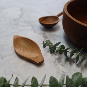 INDONESIAN TEAK WOOD MINI LEAF DISH, SPICE SPOON, SAUCE DISH, HORS D'OEURVE DISH, JEWELRY TRAY (2 PIECES)