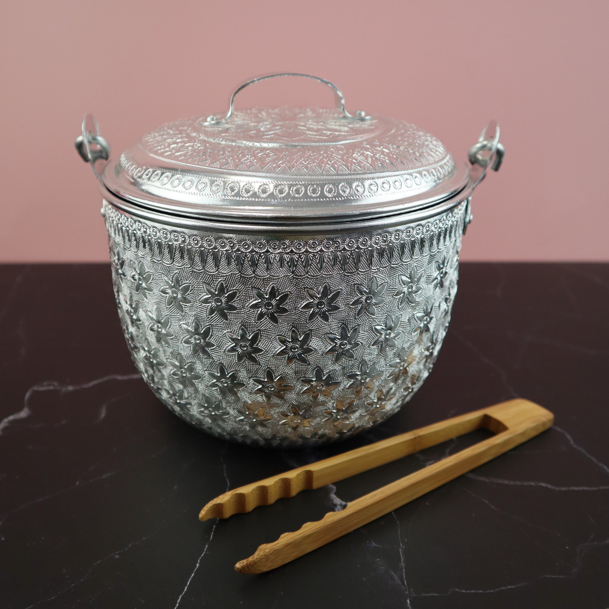 THAI VINTAGE INTRICATE FLOWER PATTERN ALUMINUM POT WITH HANDLE AND