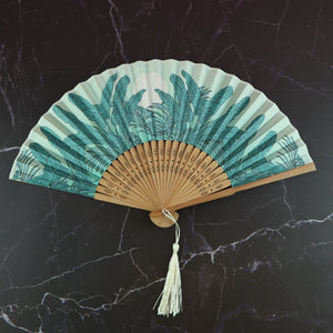 VIETNAMESE SATIN TROPICAL PRINT IN TEAL DECORATIVE FAN