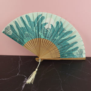 VIETNAMESE SATIN TROPICAL PRINT IN TEAL DECORATIVE FAN