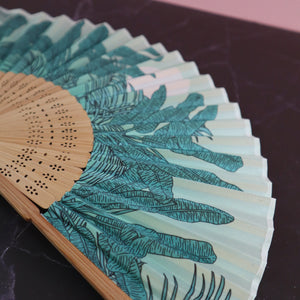 VIETNAMESE SATIN TROPICAL PRINT IN TEAL DECORATIVE FAN