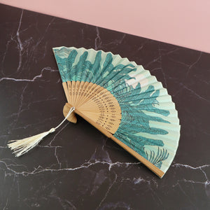 VIETNAMESE SATIN TROPICAL PRINT IN TEAL DECORATIVE FAN