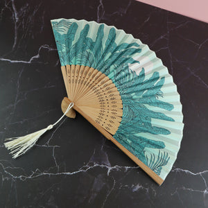 VIETNAMESE SATIN TROPICAL PRINT IN TEAL DECORATIVE FAN