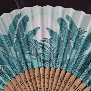 VIETNAMESE SATIN TROPICAL PRINT IN TEAL DECORATIVE FAN