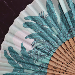 VIETNAMESE SATIN TROPICAL PRINT IN TEAL DECORATIVE FAN