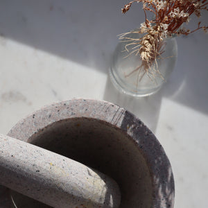 KROK THAI GRANITE STONE MORTAR AND PESTLE WITH CORK BASE AND SCRAPING SPOON SET