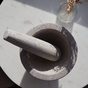 KROK THAI GRANITE STONE MORTAR AND PESTLE WITH CORK BASE AND SCRAPING SPOON SET