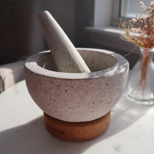 KROK THAI GRANITE STONE MORTAR AND PESTLE WITH CORK BASE AND SCRAPING SPOON SET
