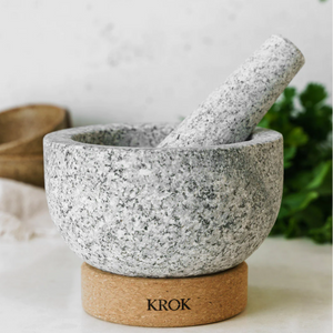 KROK THAI GRANITE STONE MORTAR AND PESTLE WITH CORK BASE AND SCRAPING SPOON SET