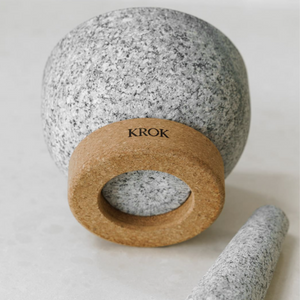 KROK THAI GRANITE STONE MORTAR AND PESTLE WITH CORK BASE AND SCRAPING SPOON SET