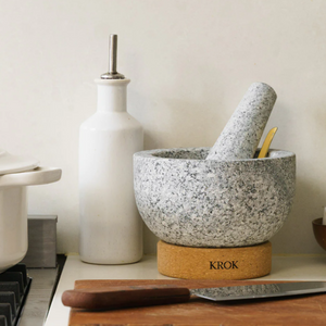 KROK THAI GRANITE STONE MORTAR AND PESTLE WITH CORK BASE AND SCRAPING SPOON SET